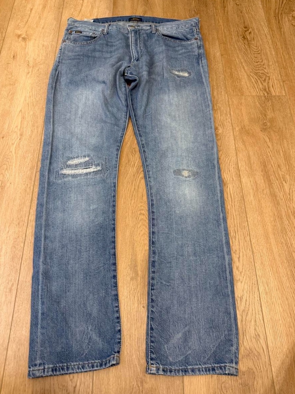 Polo by Ralph Lauren Men's Light Blue Straight Jeans with Distressed Knees